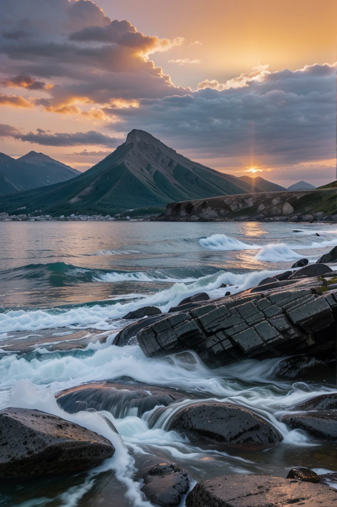 Evening mountains, sea water, sunset