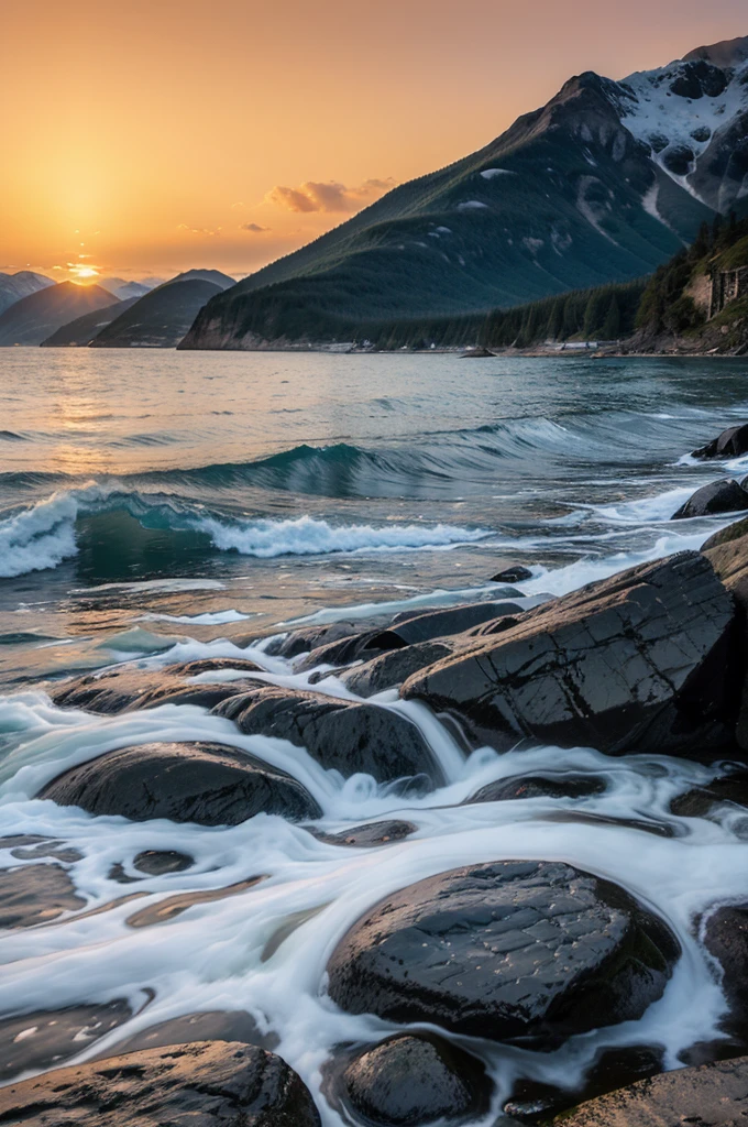 Evening mountains, sea water, sunset