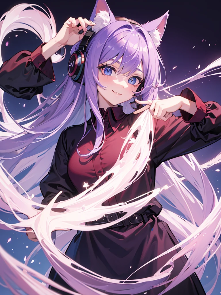 ((best quality)), ((masterpiece)), (Ultra detailed), ((4k)) , ((Eyes Details)) 

Solo , Purple Hair , Blue eyes , Cute Face , Middle Ages, Cat Ears , Cute Smile , 

Red Long Shirt , Plain Shirt , Headphone Neck , Peace Pose.