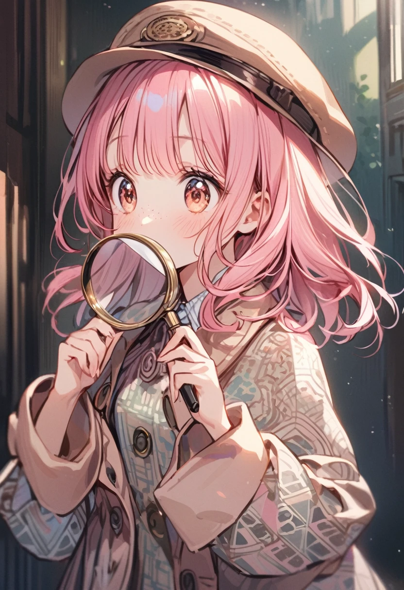 Young girl(Pink Hair, freckles, Big eyes,)She puts on her detective hat、wearing a coat over a patterned dress, Cultivate intelligence and curiosity. In her hands, She has a magnifying glass, Ready to solve the mystery?. This scene is depicted softly., Gentle colors, Enhance the appeal of your illustrations.