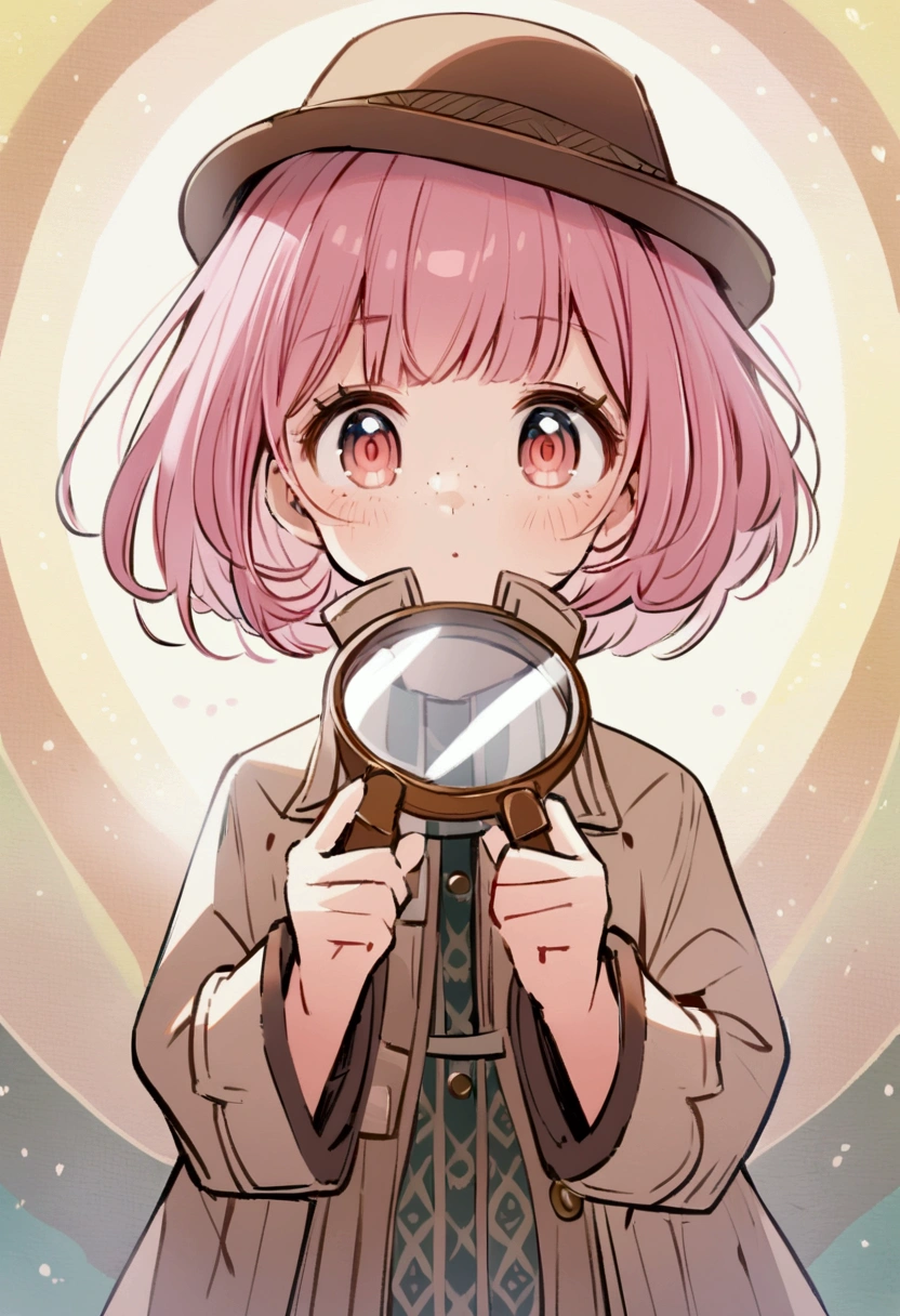 Young girl(Pink Hair, freckles, Big eyes,)She puts on her detective hat、wearing a coat over a patterned dress, Cultivate intelligence and curiosity. In her hands, She has a magnifying glass, Ready to solve the mystery?. This scene is depicted softly., Gentle colors, Enhance the appeal of your illustrations.