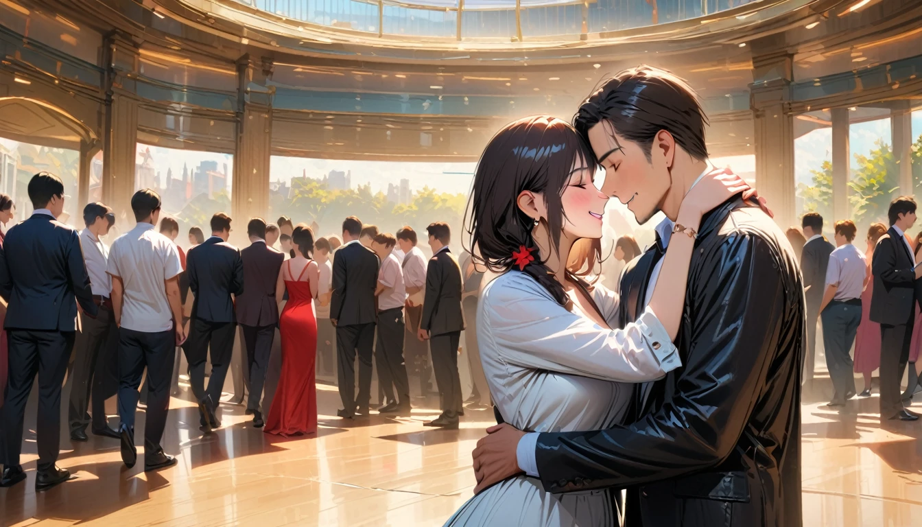 masterpiece , Modern, Realism, masterpiece, Super Detail, best quality, 4K , A man and a woman hug each other, Joyful atmosphere, Get blessings from people around you ,indoor、Second dimension style
