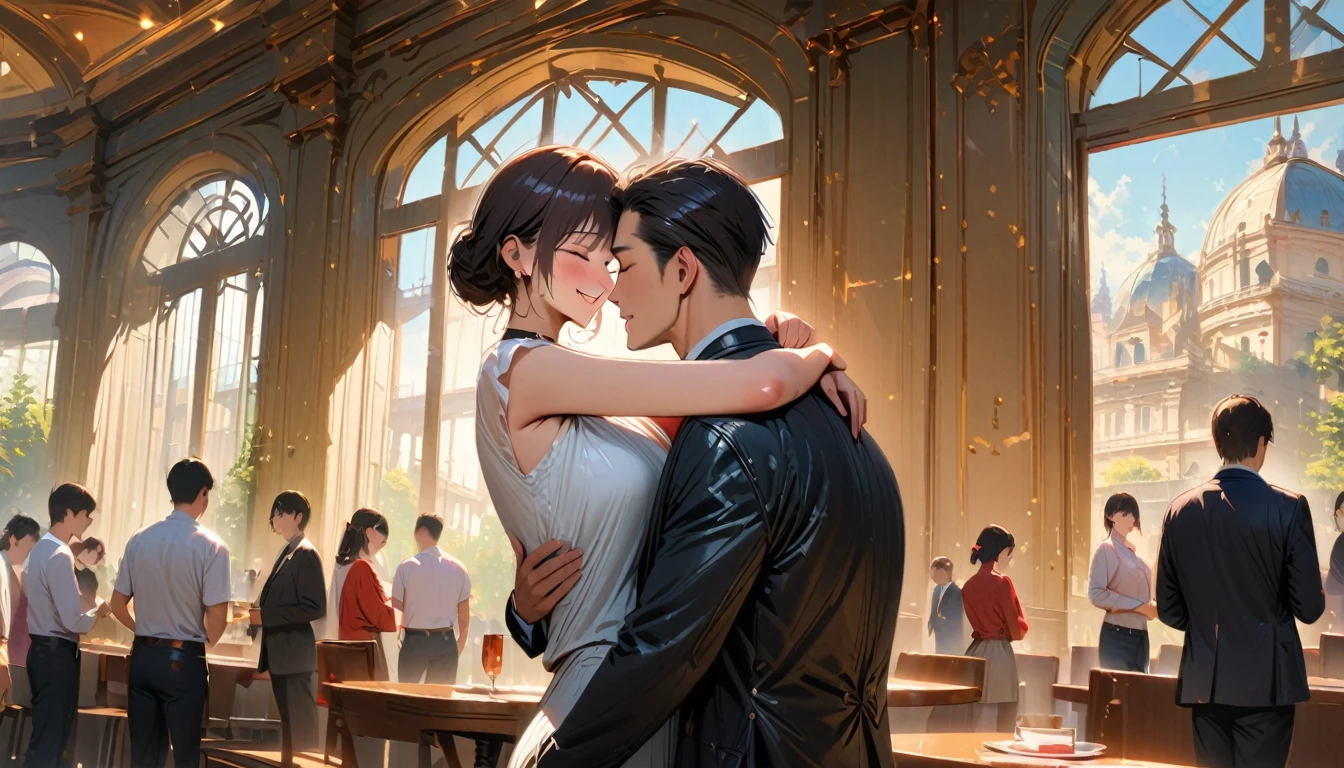 masterpiece , Modern, Realism, masterpiece, Super Detail, best quality, 4K , A man and a woman hug each other, Joyful atmosphere, Get blessings from people around you ,indoor、Second dimension style