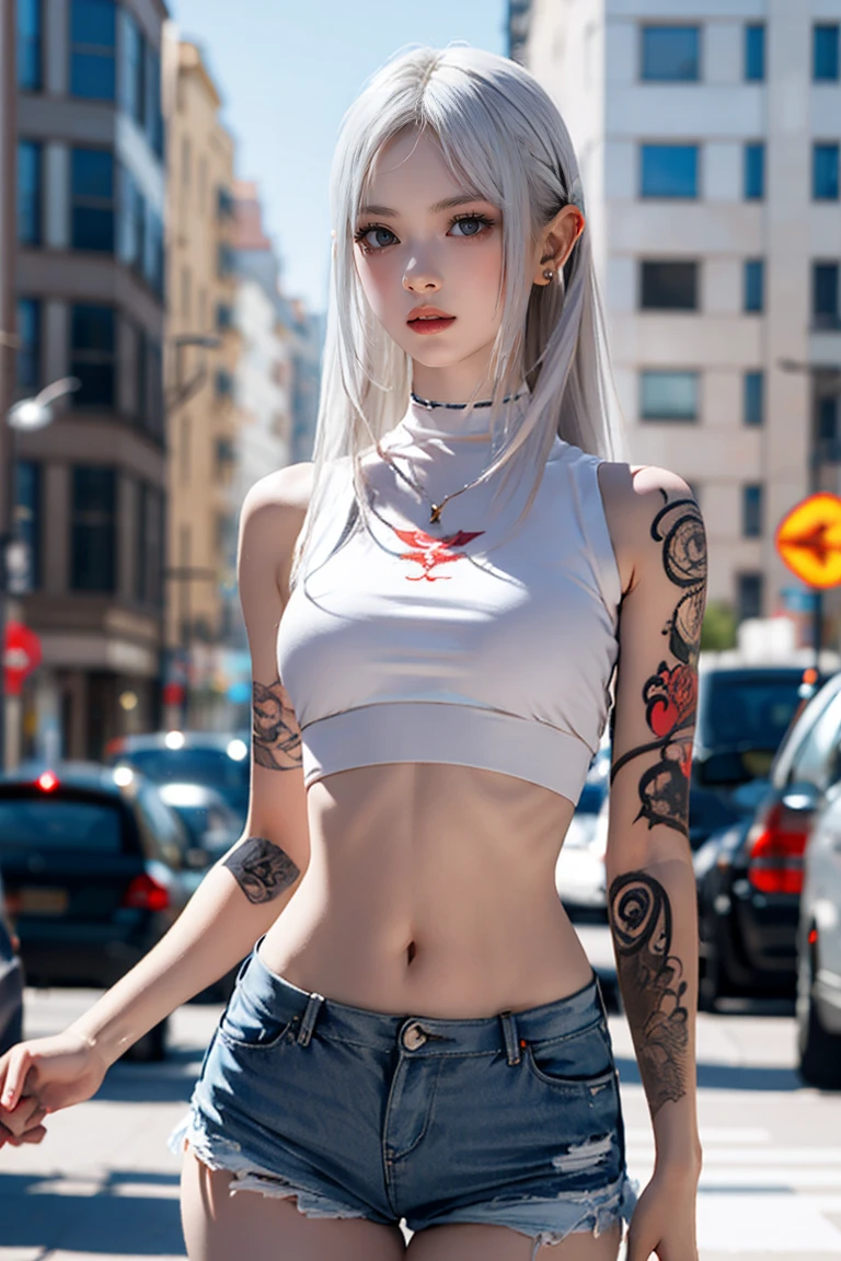 Beautiful college girl in the city，masterpiece，light makeup，Red lips，Silver Hair，Disheveled long hair，Street background，Grace，Grace。超微細ディテールのmasterpiece，Authentic texture，Realism in film lighting，Perfect piece，8k，khd，Delicate facial features，White skinny turtleneck top，white skinny shorts，Slim figure，Big bright eyes，Smooth Skin，Ear discharge，Choker Necklace,(((He has many tattoos all over his body)), (((Tight waist))), ((Big Breasts)),(See through)，panties,(NSFW:0.8)