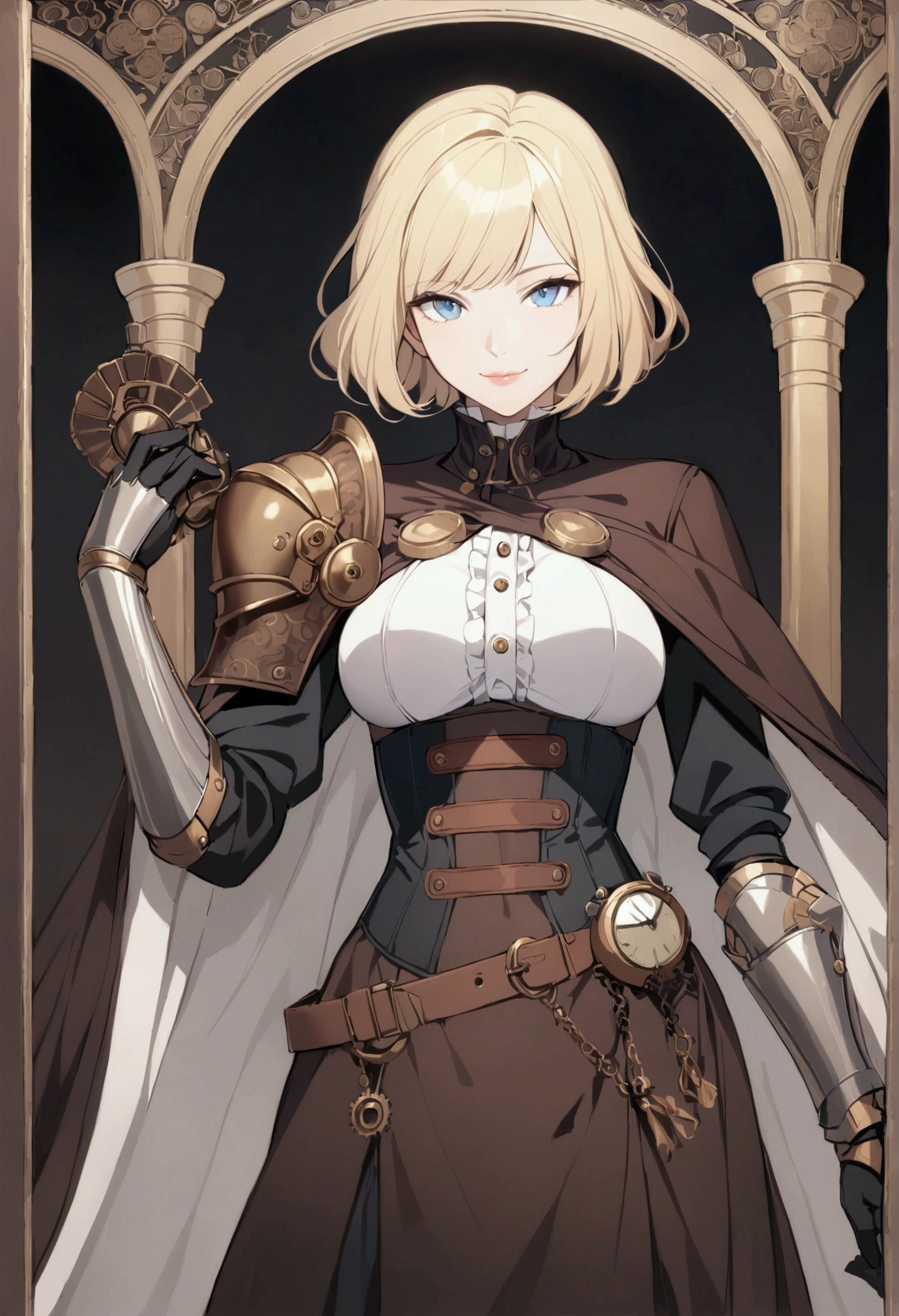 slender, mature female, steampunk,solo, blonde_hair, closed_mouth, holding, 1girl, blue_eyes, armor, shoulder_armor, gauntlets, gloves, knight, cape, belt, pauldrons, armored_dress, bangs, lips, short_hair, long_sleeves, dress, white_lily, looking_at_viewer,smile, light_smile,nblack_gloves, leotard, vambraces, buttons, fine_art_parody