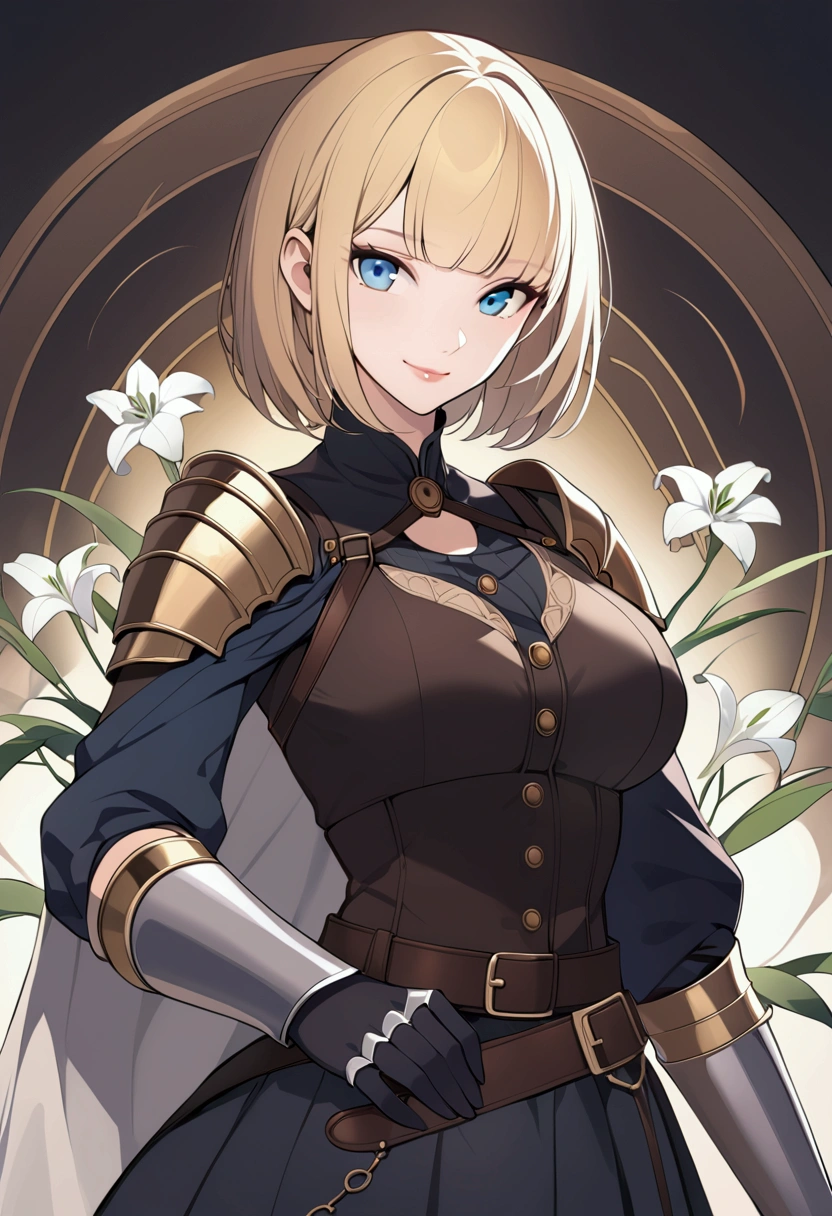 slender, mature female, steampunk,solo, blonde_hair, closed_mouth, holding, 1girl, blue_eyes, armor, shoulder_armor, gauntlets, gloves, knight, cape, belt, pauldrons, armored_dress, bangs, lips, short_hair, long_sleeves, dress, white_lily, looking_at_viewer,smile, light_smile,nblack_gloves, leotard, vambraces, buttons, fine_art_parody