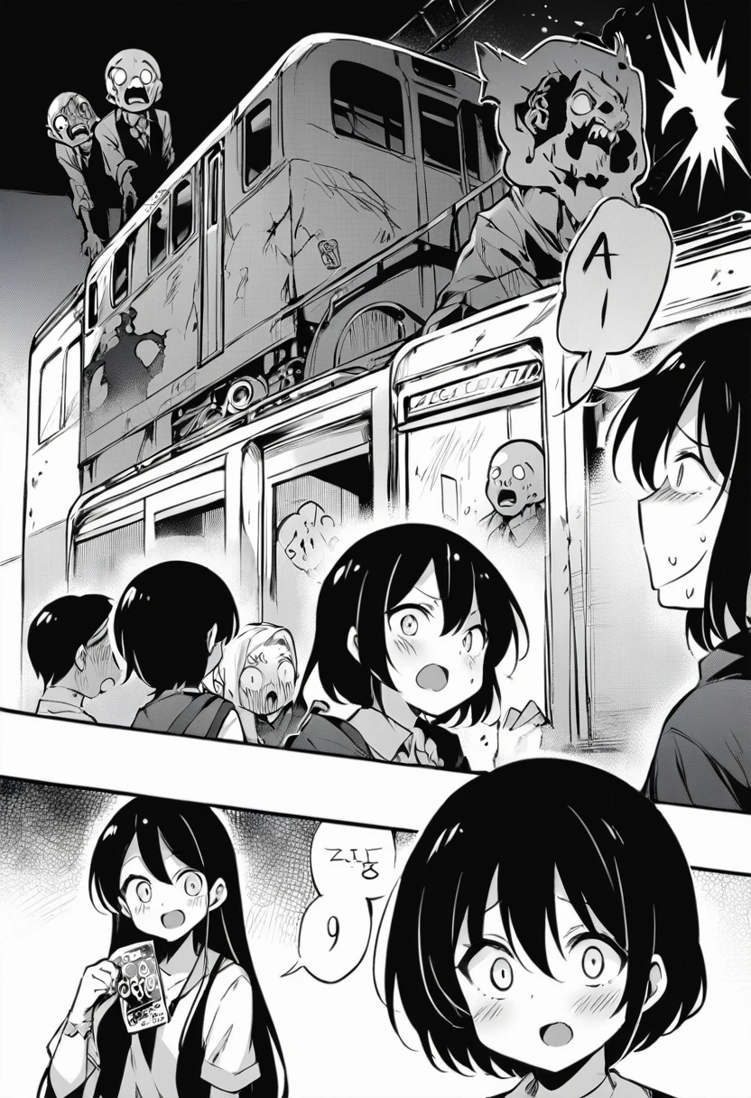 score_9, score_8_up, score_7_up, score_6_up, monochrome,best quality, high resolution, clean background, high contrast, A long shot of a train station overrun by zombies, manga art, crosshatching