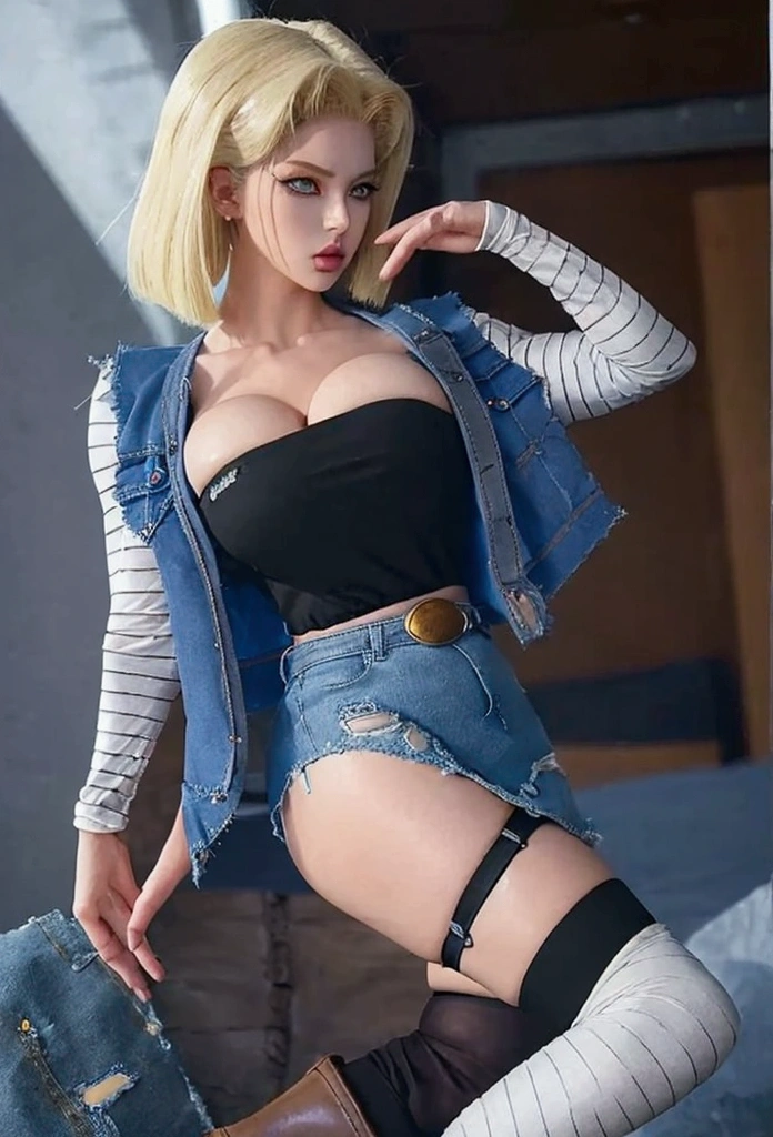 Beautiful and sensual Android18 in blue and white gothic warrior. superandroid18, black shirt with striped sleeves, denim jacket, denim shorts, denim skirt, black stockings, brown boots, mid riff, white gloves, long blonde hair, ,ruanyi0788,garter belt,garter straps,lingerie,latex,underboob,black bra,thigh strap, bandeau, harem outfit,detached sleeves, bridal gauntlets, red footwear.