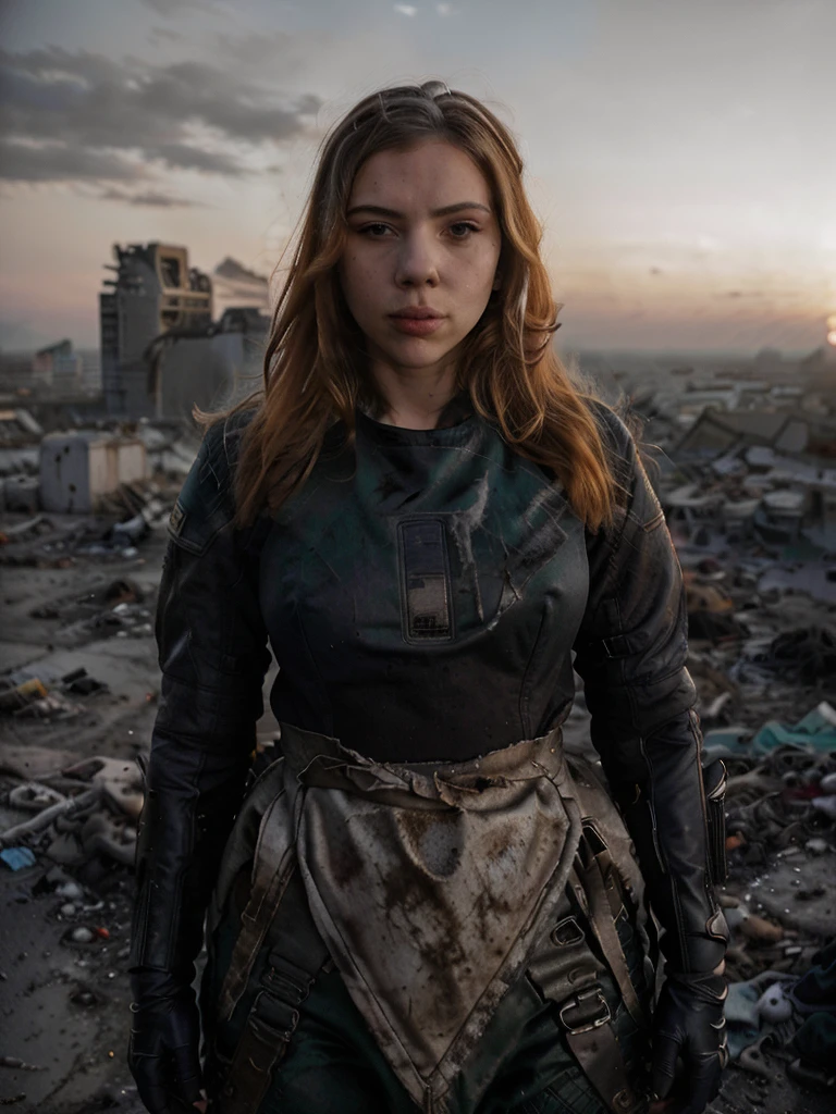 (highest quallity:1.3), cinematic shot, work of art, (sharp focus:1.5), (photorrealistic:1.3), portrait of 25-year-old actress Scarlett Johansson, breasts showing naked breasts, Dirty blonde long hair, dusty face, Dressed in the armor of the future, Contra o pano de fundo de um dusts-apocalipse desolado, orange and dense evening sky, ruined ultra futuristic rounded buildings, futuristic architecture, ruins of a city, black leather gloves on hands, torn garments, the wind, dust, Destroyed buildings, Burnt car skeletons, Oppressive atmosphere, Totally orange and dirty skies, orange sunset, orange clouds, dense atmosphere, Photographic realism, sharp focus, Human bones and skulls are scattered everywhere, piles of garbage, Building debris, fall, photo 3/4, Realistic facial skin, Dust on clothes, Atmosfera opressiva, apocalypse, as realistic as possible