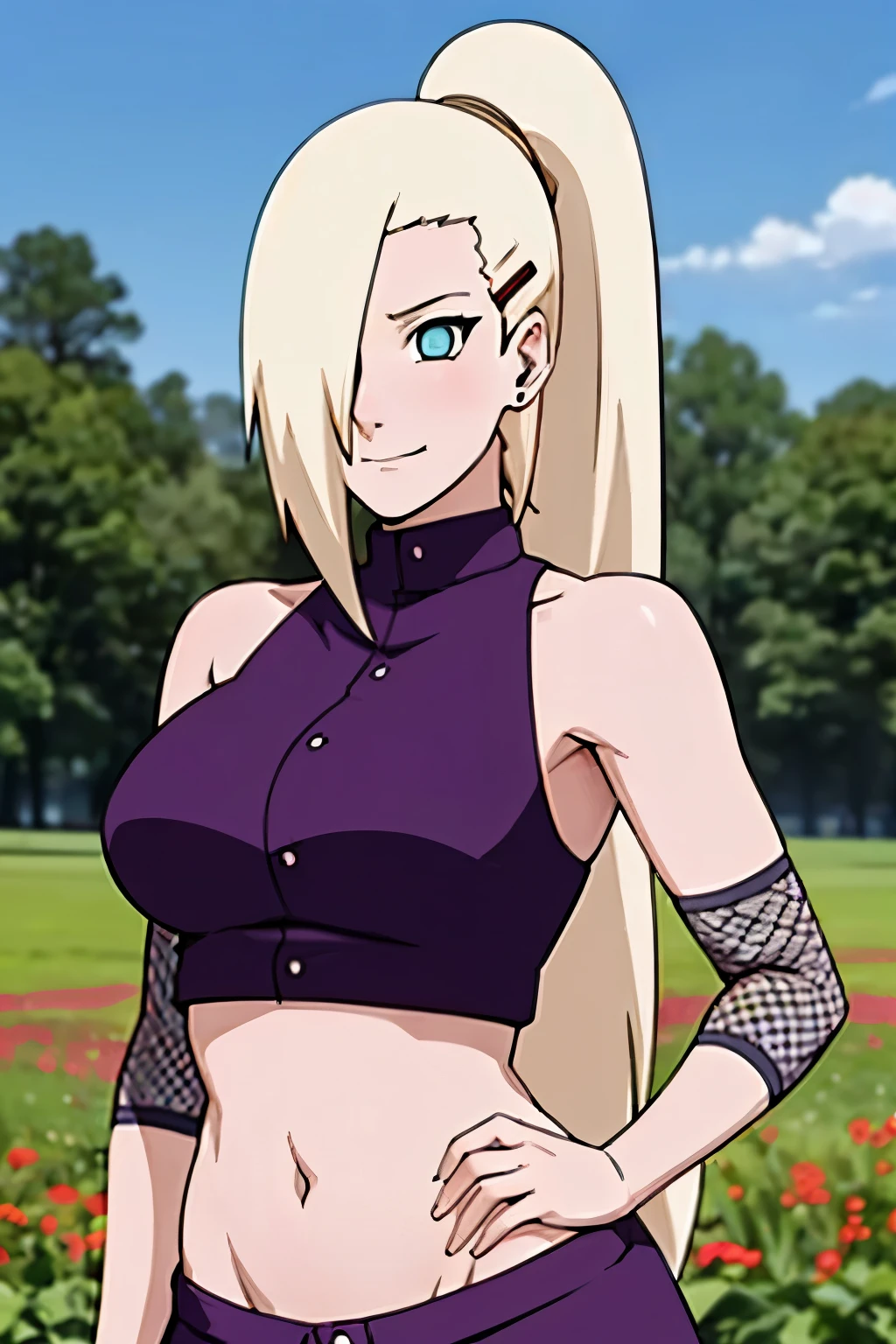 (Purple clothes), Ino yamanaka, ultra details, ultra detailed hair, looking at the viewer, bare shoulders, (ultra detailed arms:1.5), attractive, groin, cowboy shot, ultra detailed face, (ultra detailed body:1.3), sunny day, day time, shiny skin, upper body view, anime style, solo, detailed flower field, blonde, (focus on body), ((one eye covered with hair, hair over eye, ponytail)), (medium breasts:1.2), belly button, looking at the viewer, thick arms, (off-shoulders, wide shoulders, curving body), hidden eye, smile, closed mouth, one hair clip, very happy, tall, sharp look, sharp face, sharp eye, cold colors,