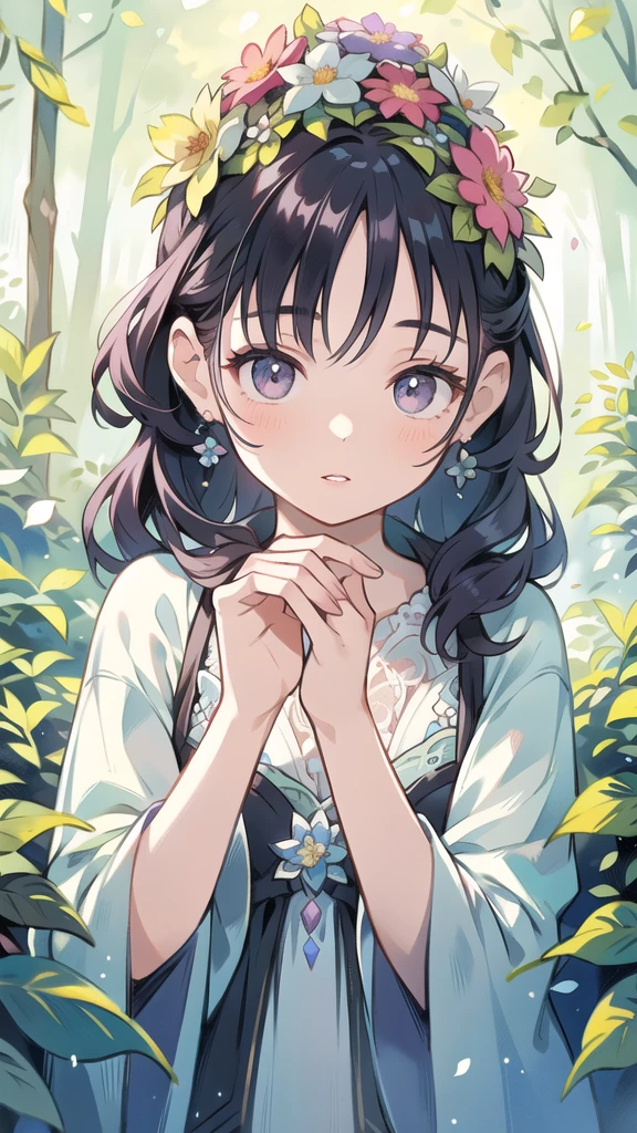 a beautiful girl with a bouquet of flowers in a magical and ethereal forest, colorful watercolor painting, drawing, extremely detailed eyes and face, longeyelashes, beautiful detailed lips, beautiful detailed hands, flowers, nature, peaceful, serene atmosphere, vibrant colors, (best quality,8k,highres,masterpiece:1.2),ultra-detailed,(realistic,photorealistic,photo-realistic:1.37),IrisCompiet