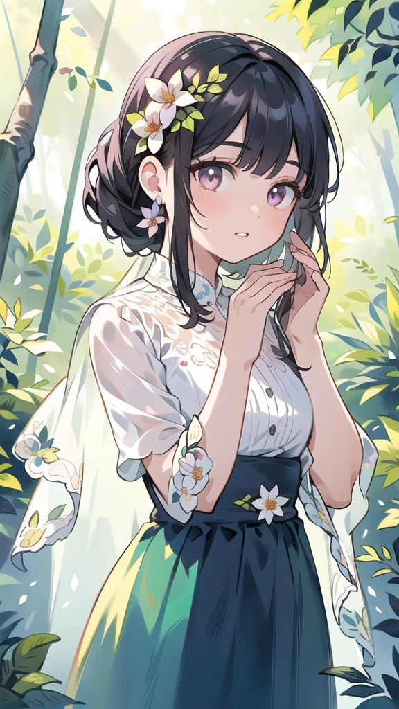 a beautiful girl with a bouquet of flowers in a magical and ethereal forest, colorful watercolor painting, drawing, extremely detailed eyes and face, longeyelashes, beautiful detailed lips, beautiful detailed hands, flowers, nature, peaceful, serene atmosphere, vibrant colors, (best quality,8k,highres,masterpiece:1.2),ultra-detailed,(realistic,photorealistic,photo-realistic:1.37),IrisCompiet