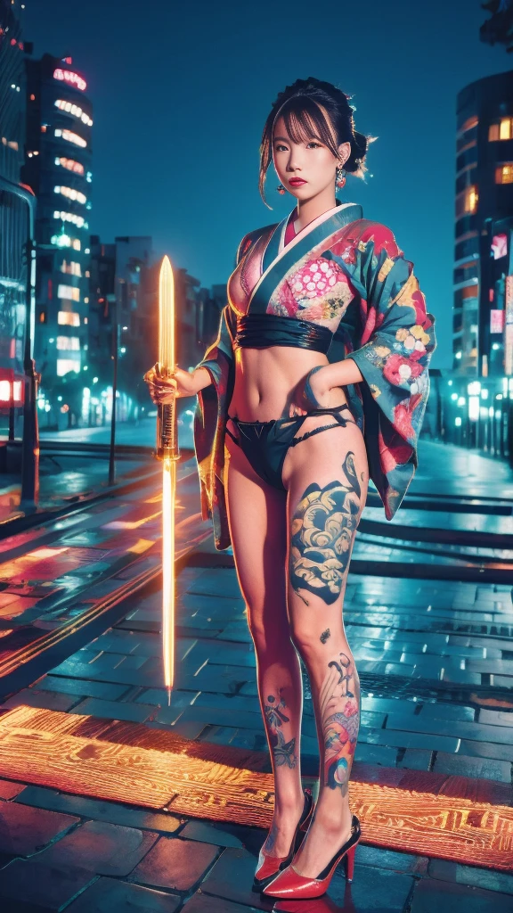 Beautiful Thai-Melanesian woman, (16 years old), Mixed Martial Arts, (navel baring, wearing cute kimono:1.3), (MMA gloves), Fit, (muscles:1.2), Athletic feminine body, Female fitness model body, Tokyo landmarks in the background, Masterpiece, Perfect lighting, Ultra high resolution, 8K, She is an exceptional MMA fighter, Hard toned feminine body, (Short hair, short bob, straight bangs:1.2), (Smiling sexy for the camera), (Very sexy pose), (Kung fu fighter in fighting stance, holding very large weapon, wearing very large weapon, standing with very large weapon, raising very large weapon:1.4), (Tattoos all over body, Japanese tattoos on 80% of body:1.4), Red lips, Red high heels, Necklace, Earrings, (Very detailed:1.4), Front view, Looking at camera, Pensive expression, (Tokyo city, many people in the background),