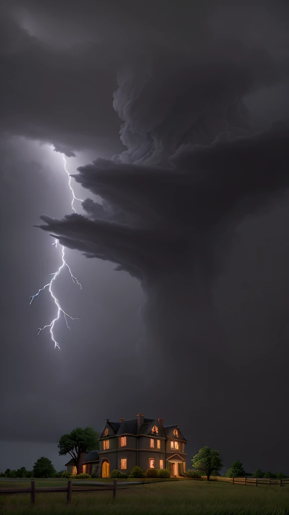 A dark, stormy night with thunderous clouds and bright lightning. In the distance, a spooky, old mansion stands alone at the edge of a small village."
