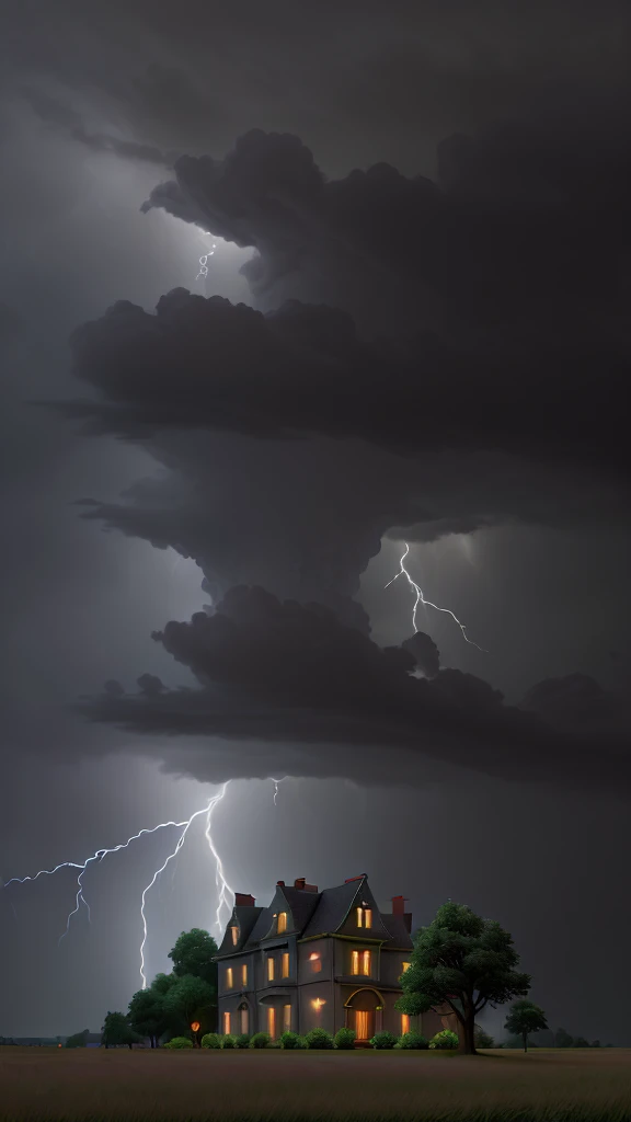 A dark, stormy night with thunderous clouds and bright lightning. In the distance, a spooky, old mansion stands alone at the edge of a small village."