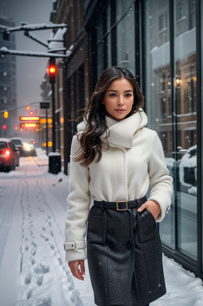 elegant warm winter fashion clothing, ((standing outside in snowy city street)), stunning modern urban environment, ultra realistic, concept art, elegant, highly detailed, intricate, sharp focus, depth of field, f/1. 8, 85mm, medium shot, mid shot, (((professionally color graded))), bright soft diffused light, (volumetric fog), trending on instagram, hdr 4k, 8k