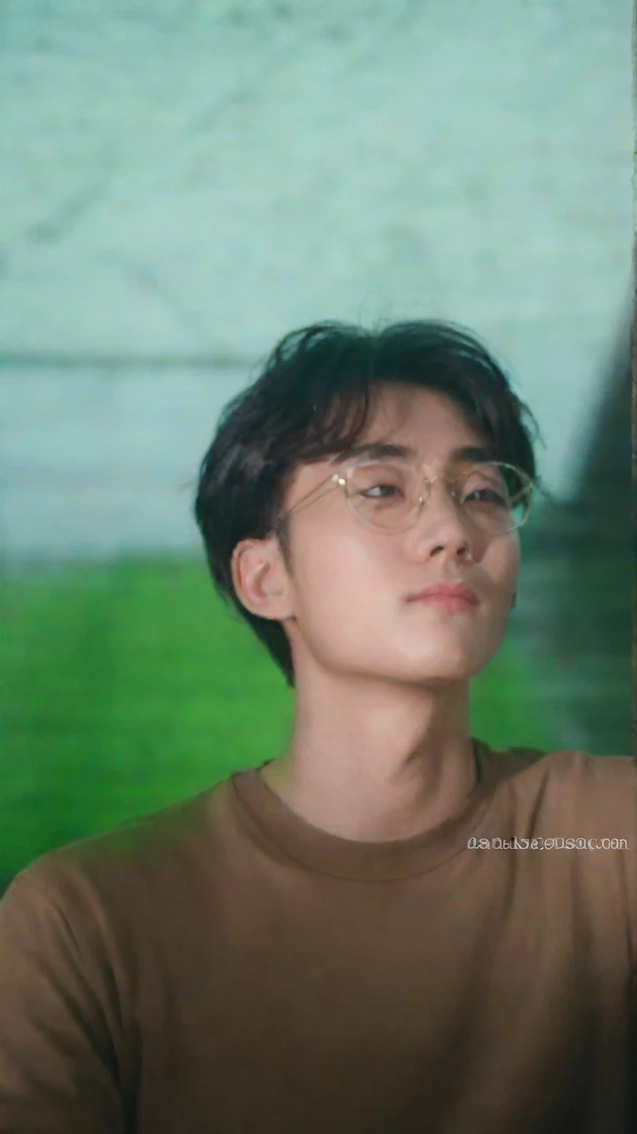 A handsome young man with a striking resemblance to a popular K-pop idol sits pensively, his gaze fixed upon us. He wears a crisp white shirt, complete with a collar and short sleeves, and a pair of stylish glasses. His short brown hair is neatly styled.