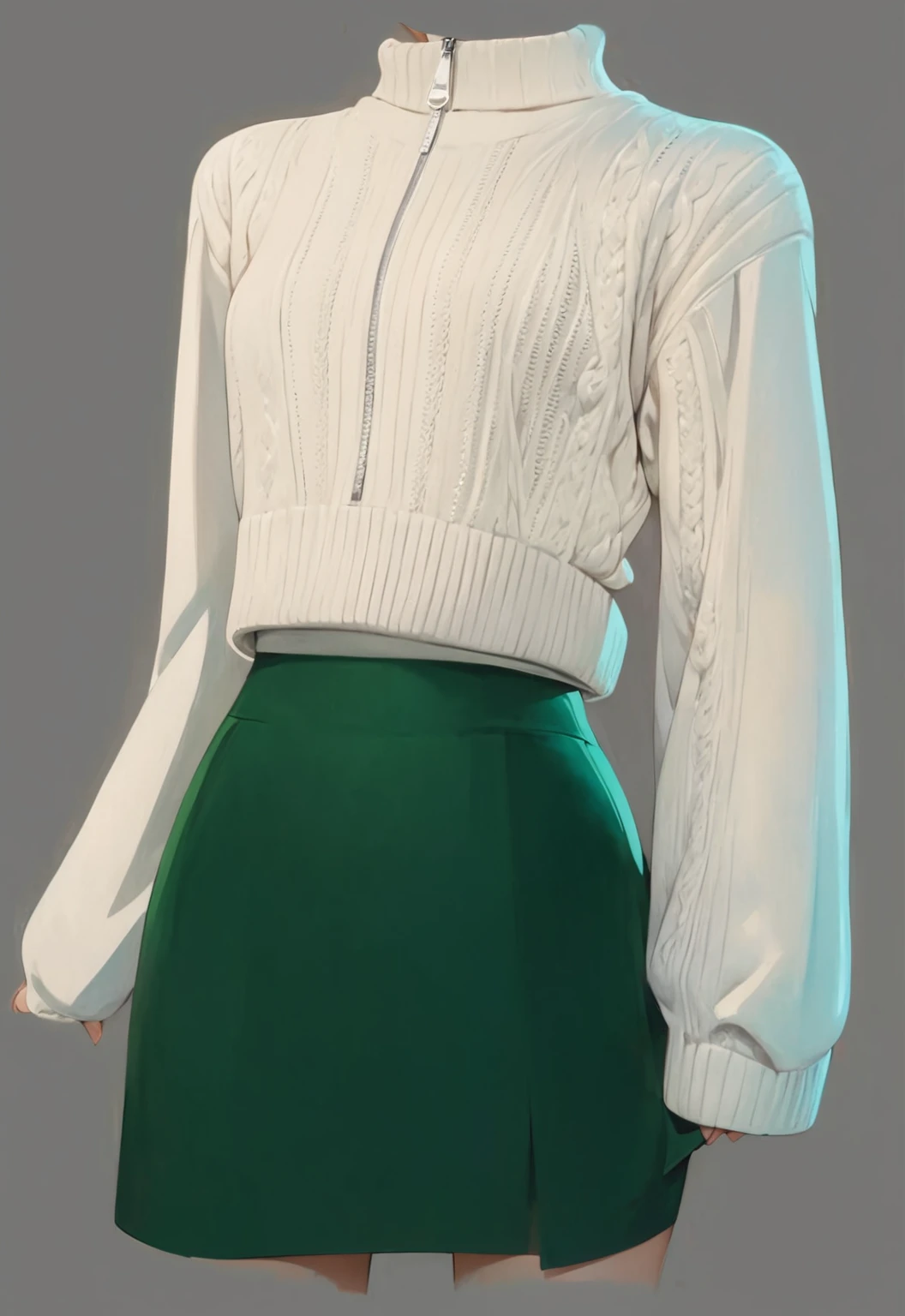 masterpiece, ultra-detailed, beautiful illustration, white sweater with zipper, green skirt