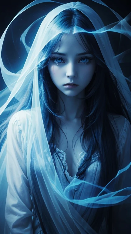 Ghostly presence, transparent, blue and white, spirit of fear, long hair, empty eyes, Gothic background.