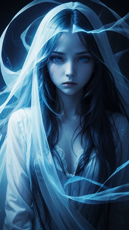 Ghostly presence, transparent, blue and white, spirit of fear, long hair, empty eyes, Gothic background.