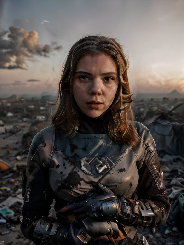 (highest quallity:1.3), cinematic shot, work of art, (sharp focus:1.5), (photorrealistic:1.3), portrait of 25-year-old actress Scarlett Johansson, breasts showing naked breasts, sad eyes, tears in the eyes running down the face, Dirty blonde long hair, dusty face, Dressed in the armor of the future, Contra o pano de fundo de um dusts-apocalipse desolado, orange and dense evening sky, ruined ultra futuristic rounded buildings, futuristic architecture, ruins of a city, black leather gloves on hands, torn garments, the wind, dust, Destroyed buildings, Burnt car skeletons, Oppressive atmosphere, Totally orange and dirty skies, orange sunset, orange clouds, dense atmosphere, Photographic realism, sharp focus, Human bones and skulls are scattered everywhere, piles of garbage, Building debris, fall, photo 3/4, Realistic facial skin, Dust on clothes, Atmosfera opressiva, apocalypse, as realistic as possible