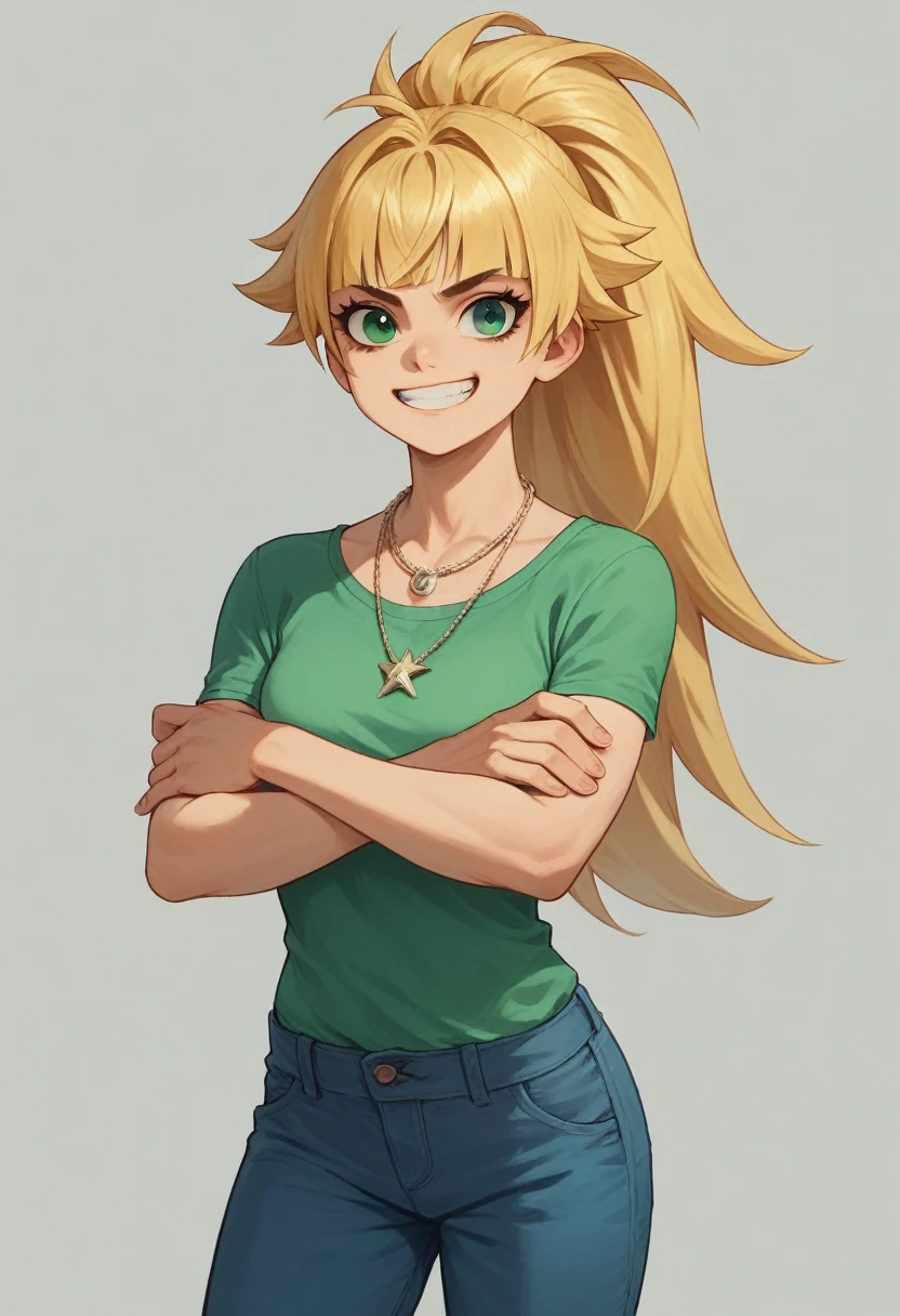 blonde girl, green top-tank, blue pants, spiky bangs, spiky long ponytail, grin, crossed arms, necklace, bangs, green eyes, 3d