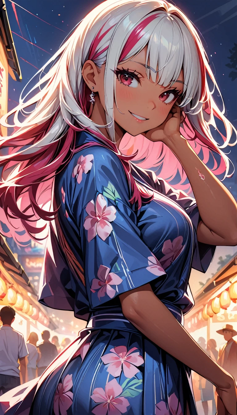 (highest quality:1.2, Very detailed, up to date, Vibrant, Ultra-high resolution, High Contrast, masterpiece:1.2, highest quality, Best aesthetics), Portraiture、girl、singer, solo, ((25-years-old:1)), Bright colors, Beautiful fine details、Beautiful lip detail、midium wave hair、red and white ((streaked hair:1.6)), highlights hair: 1.5, red eyes, slim body, meddium breast, (tan skin:1.1), (traditional yukata), pink yukata, summer festival, bon dance, looking back at viewer, hand on own face, smirk, (Floral Fineline tattoo design on left arm:1), (cowboy shot:1),