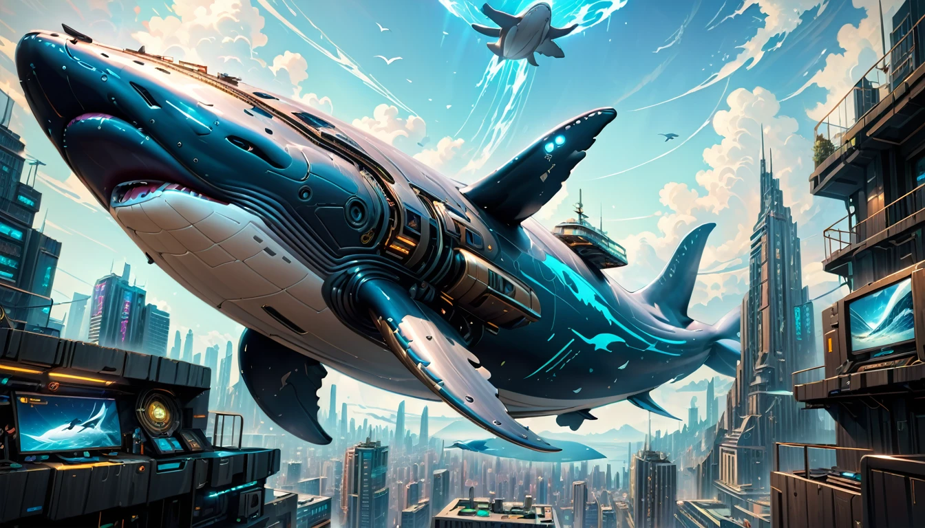 mechanical Humpback Whale, flying in the sky, one third of the body is the head, paired pectoral fins, dorsal fin absent, the tail fin turns into a rocket jet, the exterior of the mechanical humpback whale is futuristic in design, a pitch-black metal casing, glowing mechanical eyes, streamlined body, creates a futuristic mechanical image, cyberpunk, best quality, (masterpiece:1.2), hyper detailed, ultra high res, absolutely resolution, 4K, ultra HD, insanely detailed and intricate, high resolution, HDR, beautifully, aesthetic, (beautiful detailed background), cyberpunk buildings below, dark style,