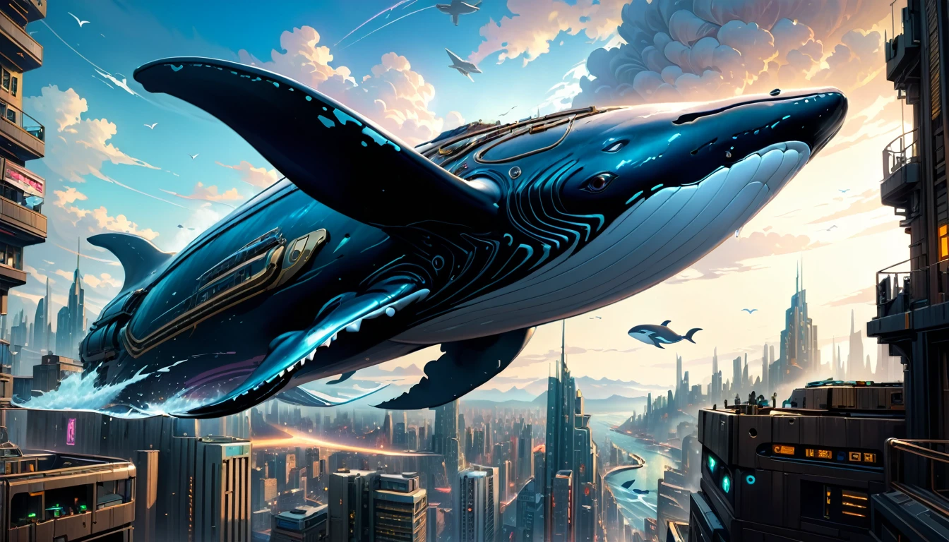 mechanical Humpback Whale, flying in the sky, one third of the body is the head, paired pectoral fins, dorsal fin absent, the tail fin turns into a rocket jet, the exterior of the mechanical humpback whale is futuristic in design, a pitch-black metal casing, glowing mechanical eyes, streamlined body, creates a futuristic mechanical image, cyberpunk, best quality, (masterpiece:1.2), hyper detailed, ultra high res, absolutely resolution, 4K, ultra HD, insanely detailed and intricate, high resolution, HDR, beautifully, aesthetic, (beautiful detailed background), cyberpunk buildings below, dark style,
