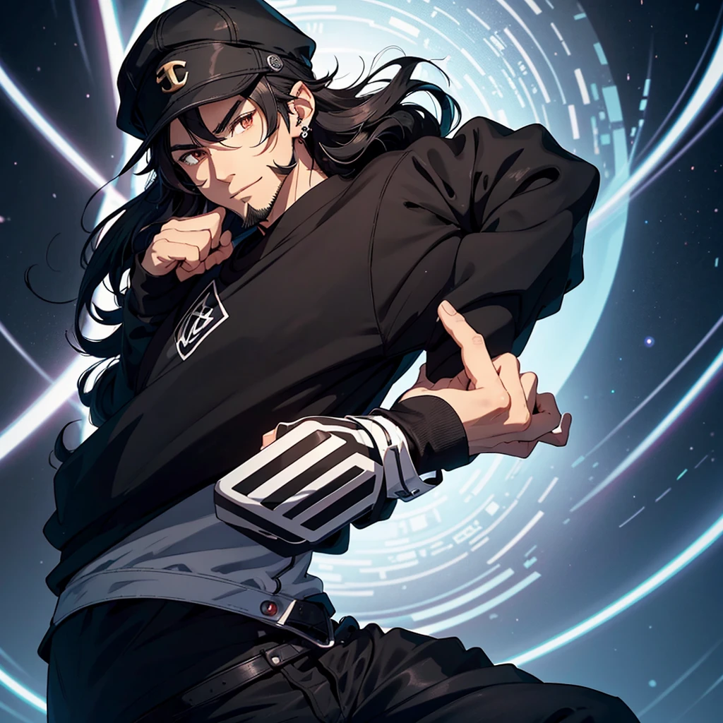 A twitch gesture of a happy anime man with long black hair, brown eyes, with a short beard and black outlined eyebrows. He wears a black cap with a capital twich logo in the center and an earring in his right ear in the shape of a small silver triangle, and below it in the center the name of the character who is DerryMax-One