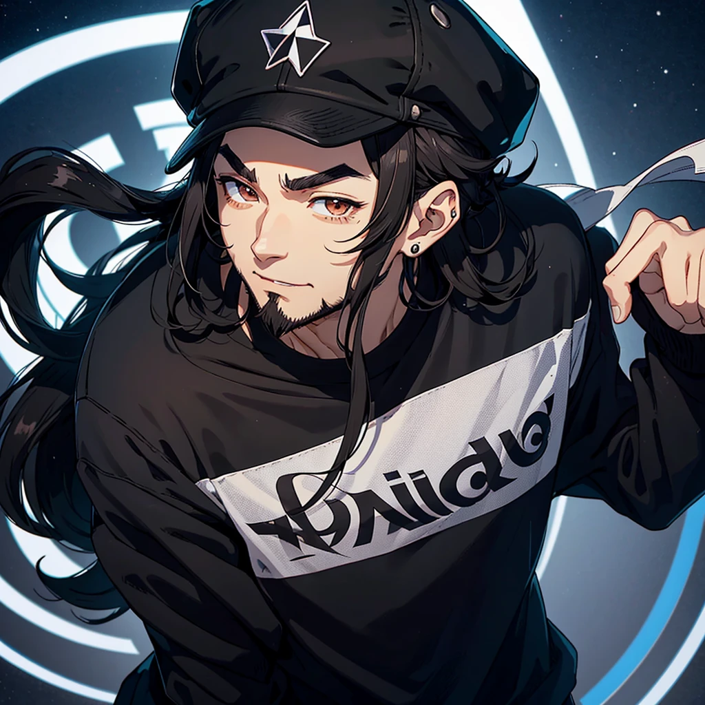 A twitch gesture of a happy anime man with long black hair, brown eyes, with a short beard and black outlined eyebrows. He wears a black cap with a capital twich logo in the center and an earring in his right ear in the shape of a small silver triangle, and below it in the center the name of the character who is DerryMax-One