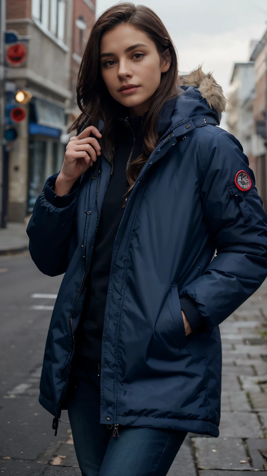 a parka jacket, long and padded, in navy blue with red veins, athletic, outdoor, fashionable, warm, comfortable, high quality, detailed, realistic, 8k, photorealistic