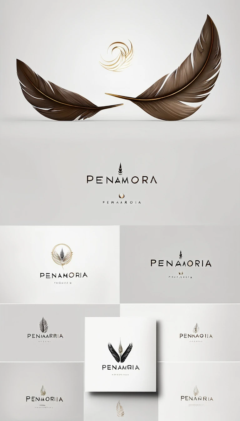 A minimal, modern, simple, cinematic logo design for the brand “Penamemoria". Create a modern, minimalistic, high-quality, masterpiece, fantastic, poetic feather that symbolizes dreams and stories.