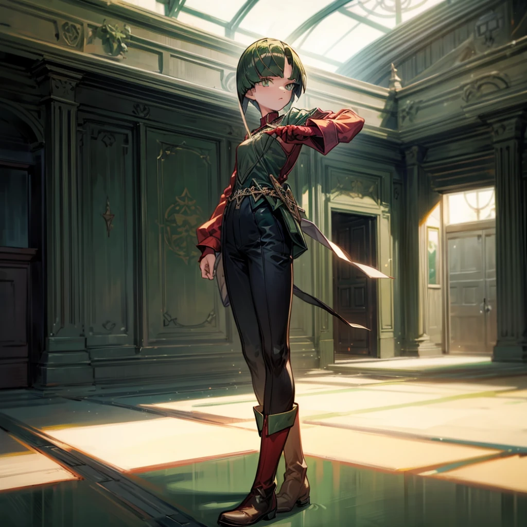 1girl, Full body version, 1character, green eyes, short haircut, green color hair, soldier style clothing, red colour clothing, boots, Grassroots, background indoor building city, motion blur, (detective conan style art), standing gesture, sword in hand 