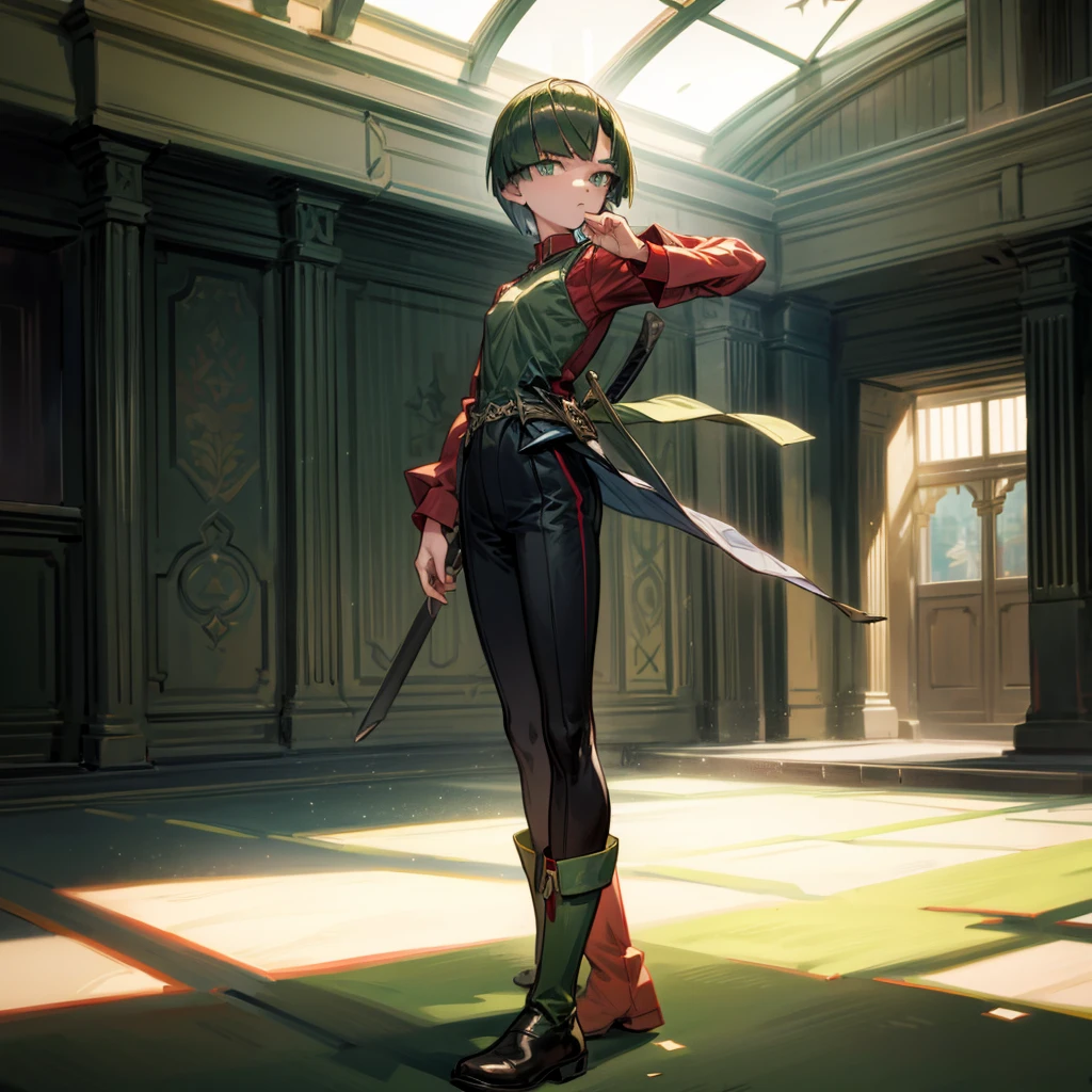 1girl, Full body version, 1character, green eyes, short haircut, green color hair, soldier style clothing, red colour clothing, boots, Grassroots, background indoor building city, motion blur, (detective conan style art), standing gesture, sword in hand 