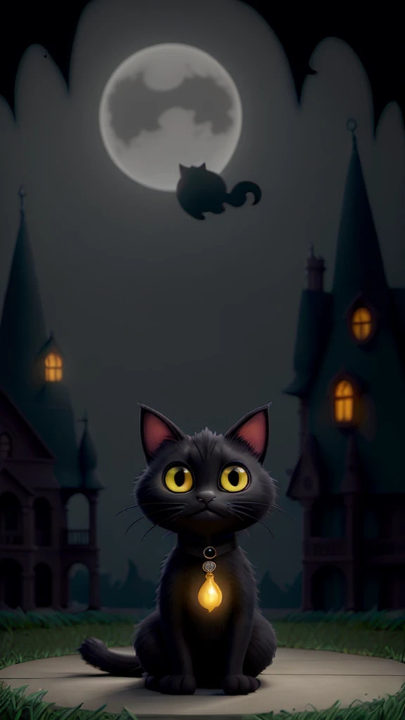 A mysterious black cat named Sheru sitting outside the old mansion, its eyes glowing in the darkness."