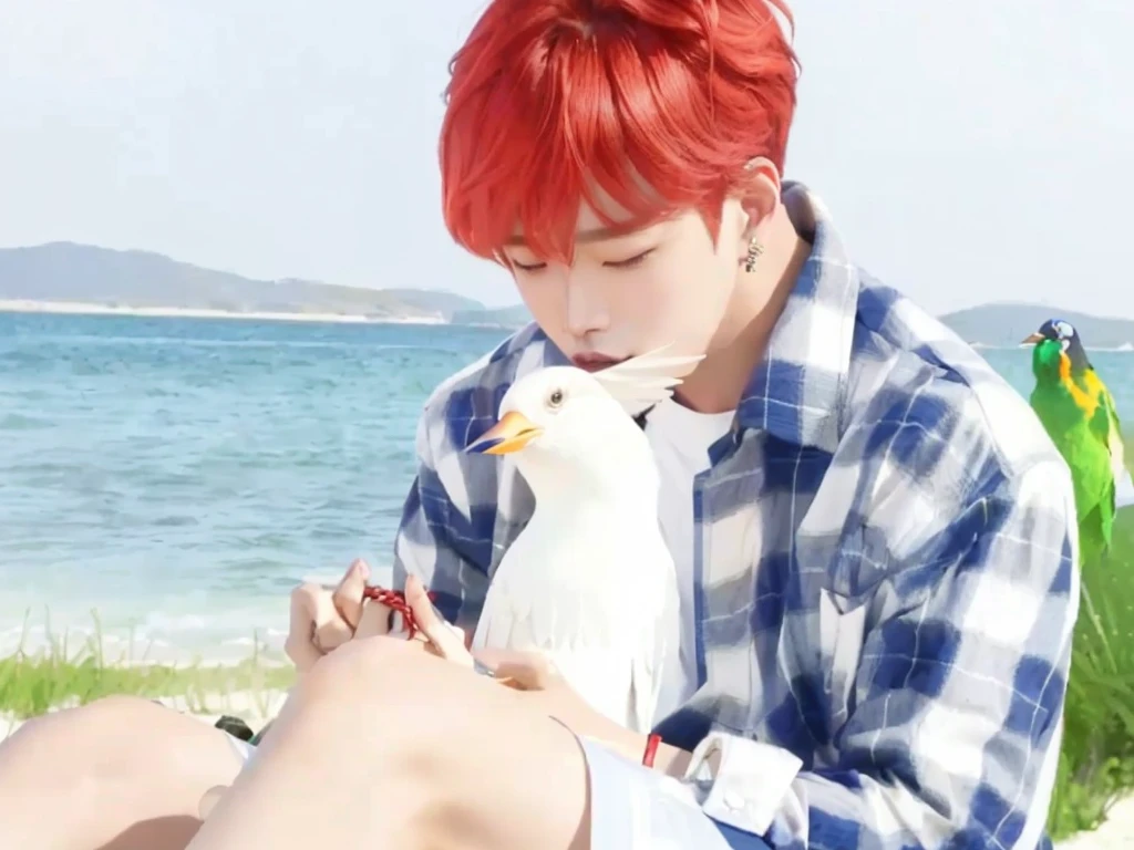 araffe With red hair and a plaid shirt sitting on a beach, park Jimin, Jimin, kim doyoung, Cai Xu Kun, Sakimichan, jungkook, taehyung eating gucci fries, Jimin\'s grecian nose, With red hair, hsiao-ron, Jung Jaehyun, with his pet bird, Jimin\full lips