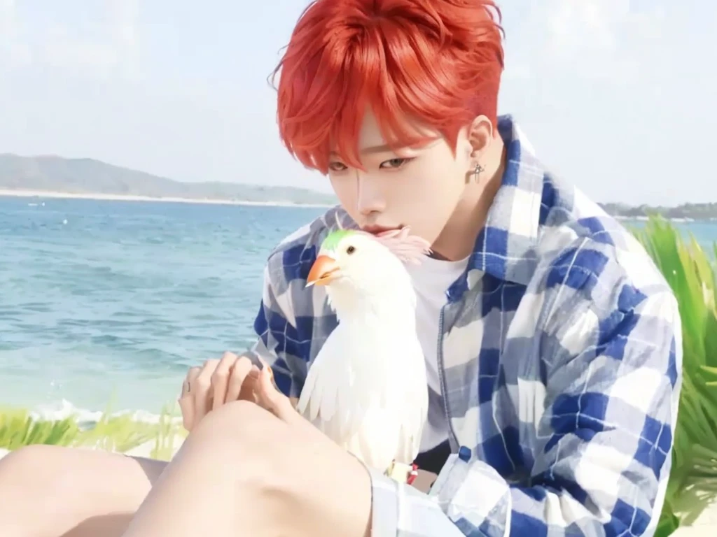 araffe With red hair and a plaid shirt sitting on a beach, park Jimin, Jimin, kim doyoung, Cai Xu Kun, Sakimichan, jungkook, taehyung eating gucci fries, Jimin\'s grecian nose, With red hair, hsiao-ron, Jung Jaehyun, with his pet bird, Jimin\full lips