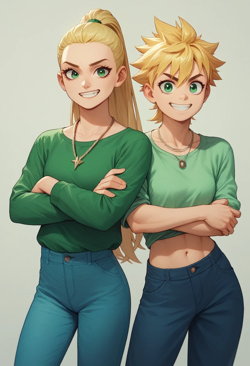 blonde girl, green top-tank, blue pants, spiky bangs, spiky long ponytail, grin, crossed arms, necklace, bangs, green eyes, 3d, without sleeves