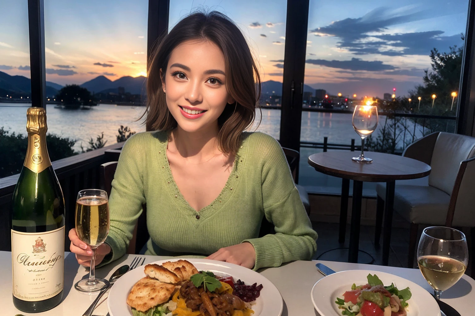 （Realistic:1.1）,(masterpiece,Highest quality)，8k,(40 years old), 42 years old, slimカップル、Model Couple、actress/actor、Tight waist,Upper Body,full-course dinner、wine 、Amazing view of the sunset sky and clouds、Perfect Anatomy, Brown Hair, short hair,Random Hairstyles,((Highly detailed face and eyes:1.2))(cute顔:1.4)，美しいactressの顔，Perfect golden ratio face，Long sleeve shirt、dress,(smile:1.2)、Shortcuts、cute、(Realistic, Intricate details:1.2), A bright smile、short hair,Bright Face、赤wine 、Appetizers、Italian food、wine bottle、Champagne、スパークリングwine、(slimな顔), (The body is slim), (Brown Hair), (Shortcuts),  Upper Body, 白wine, slim, wineグラス, 