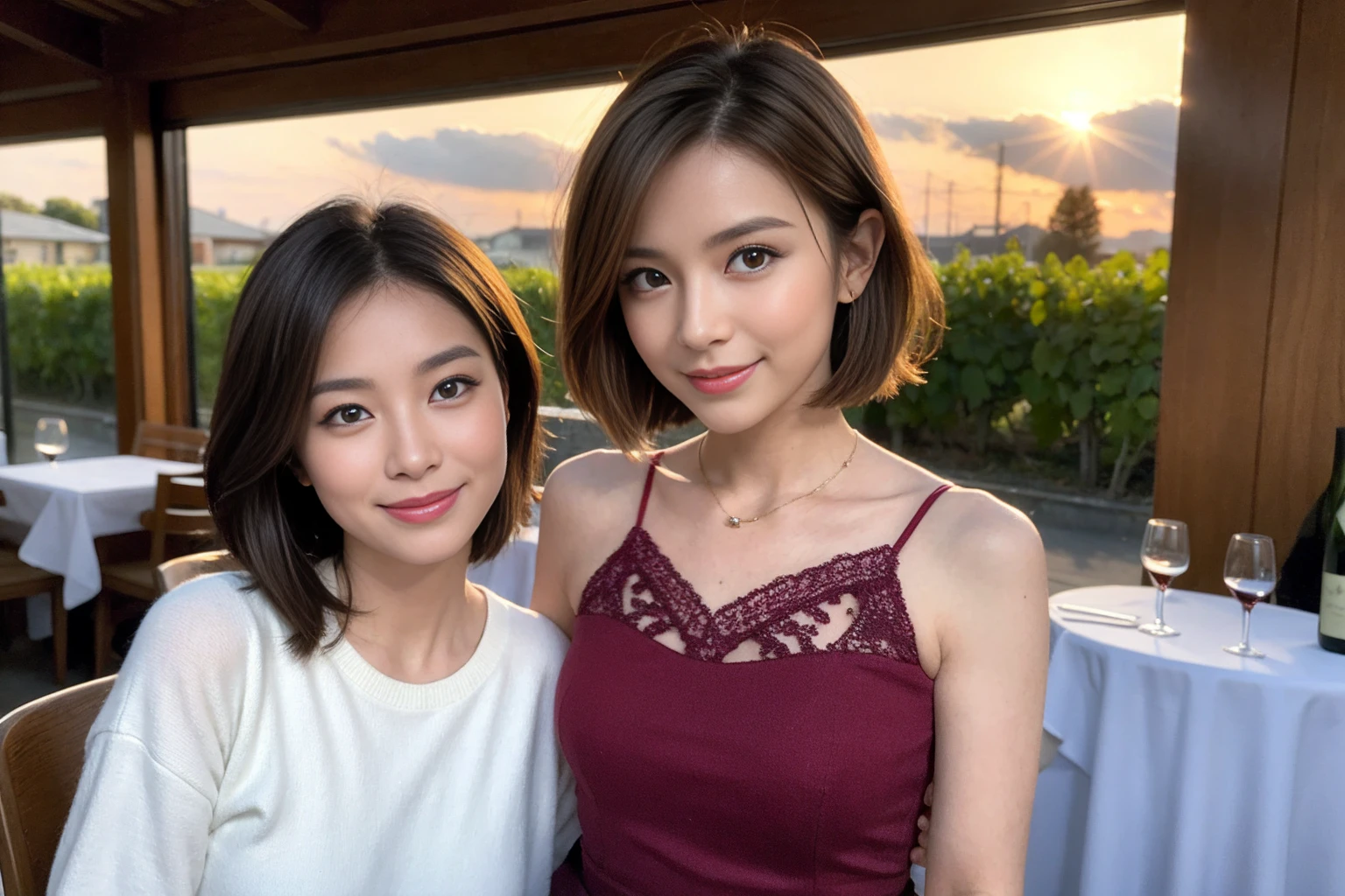 (Realistic:1.1),(masterpiece,Highest quality),8k,(40 years old), 42 years old, slimカップル、Model Couple、Actress/Actor、Tight waist,Upper Body,full-course dinner、wine 、Amazing view of the sunset sky and clouds、Perfect Anatomy, Brown Hair, Short Hair,Random Hairstyles,((Highly detailed face and eyes:1.2))(cute顔:1.4),Beautiful actress face,Perfect golden ratio face,Long sleeve shirt、dress,(smile:1.2)、Shortcuts、cute、(Realistic, Intricate details:1.2), A bright smile、short hair,Bright Face、赤wine 、Appetizers、Italian food、wine bottle、Champagne、スパークリングwine、(slimな顔), (The body is slim), (Brown Hair), (Shortcuts), Upper Body, 白wine, slim, wineグラス,