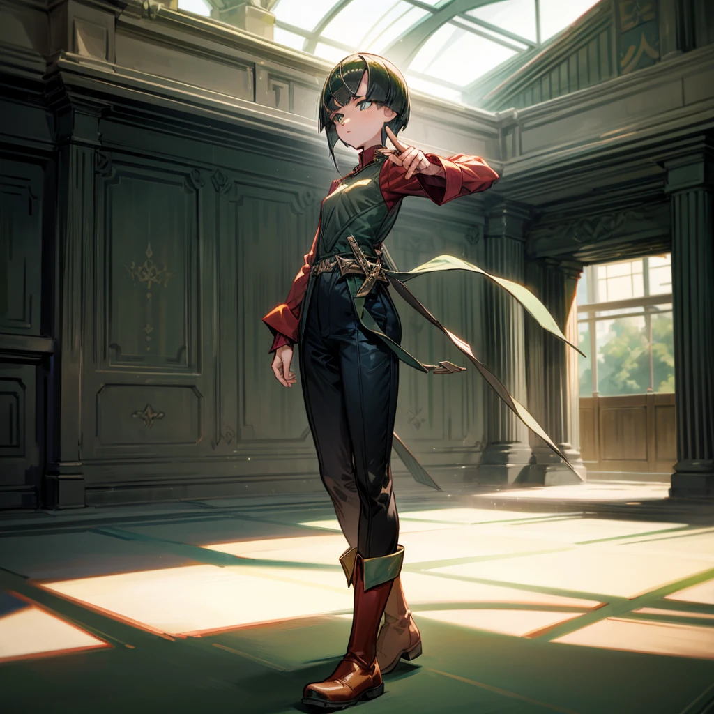 1girl, Full body version, 1character, green eyes, short haircut, green color hair, soldier style clothing, red colour clothing, boots, Grassroots, background indoor building city, motion blur, (detective conan style art), standing gesture, sword in hand 