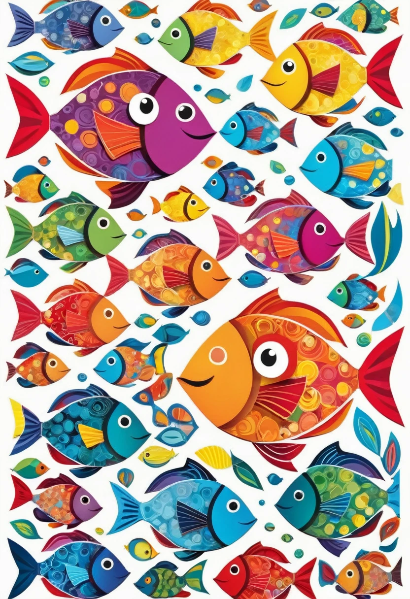 happy multicolored fish, Paper cutting and collage style, Contour, vector, White background