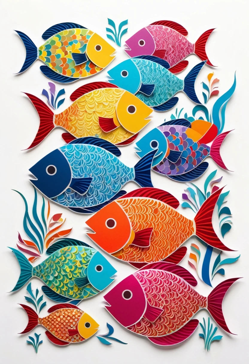 happy multicolored fish, Paper cutting and collage style, Contour, vector, White background