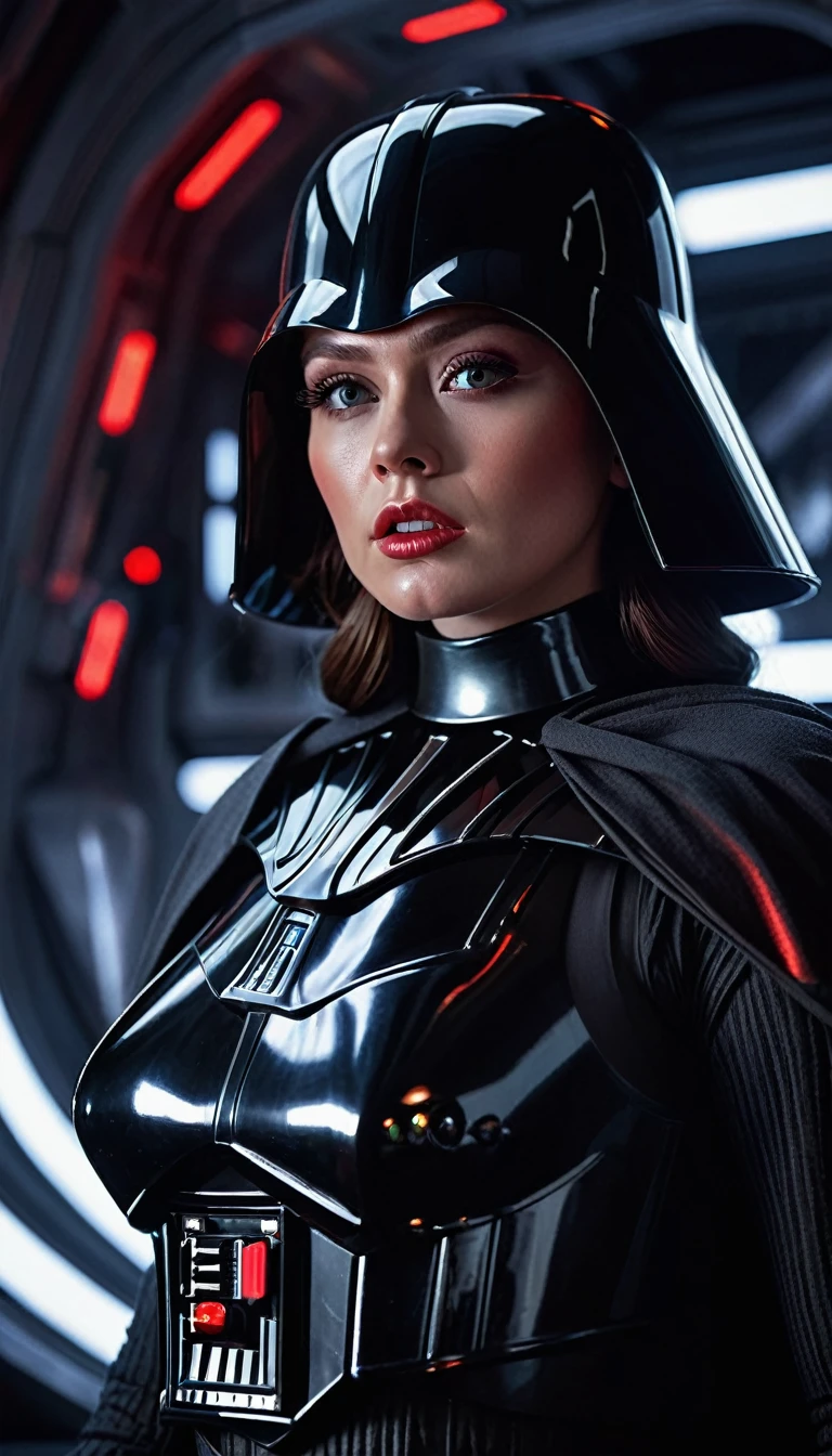 a cinematic star wars scene darth vader but as female charakter natural breasts, topless, naked , nude, intricate detailed face, beautiful detailed eyes, beautiful detailed lips, extremely detailed face and eyes, long eyelashes, red glowing light sabber, detailed portrait, photorealistic, inside a space vessel , full body shoot, dramatic lighting, intricate armor and details, dynamic attack fithing pose, full body shot, cinematic composition, hyper-realistic, moody color palette, dramatic lighting and shadows, intricate details, masterpiece