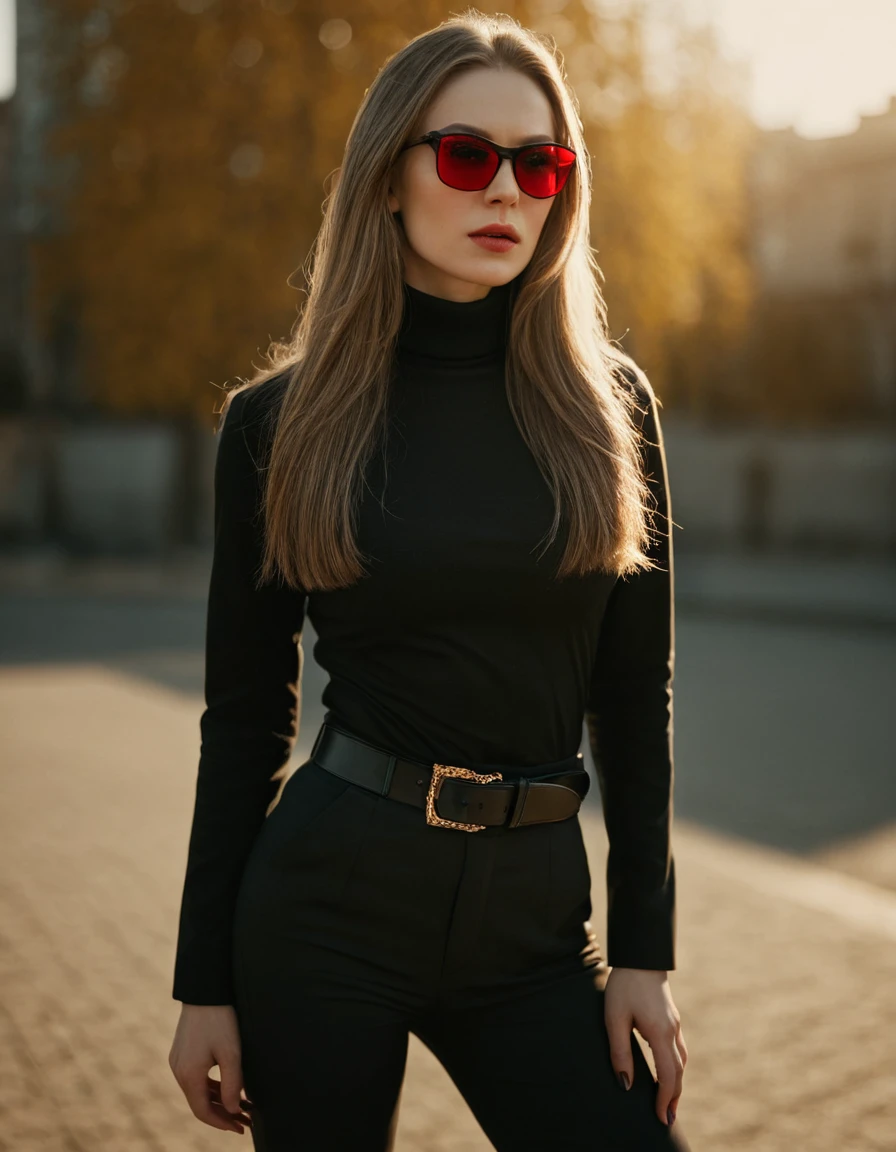 Photo, (sharp focus:1.2), (masterpiece), beautiful evil slavic muscular woman, pale skin, long dark blond hair, cinematic film still, stylish black and white photo, geometry, sunlight, feminine elegant girl in sunglasses with red glasses, black turtleneck, black jacket, wide black trousers, wide belt, (sharp focus on the face:1.3), (detailed), photographed on a Kodak box camera, (hyper realistic:1.4), lifelike texture, (intricate details, hyperdetailed:1.15) (skin texture:1.2), cinematic, professional, 4k, (((dynamic model pose))), sitting, full body, mesmerizing, dynamic, dramatic, dynamic pose, highly detailed skin with hair, subcutaneous veins, light and shadow play, highly detailed,24mm photograph, bokeh, professional, 4k,