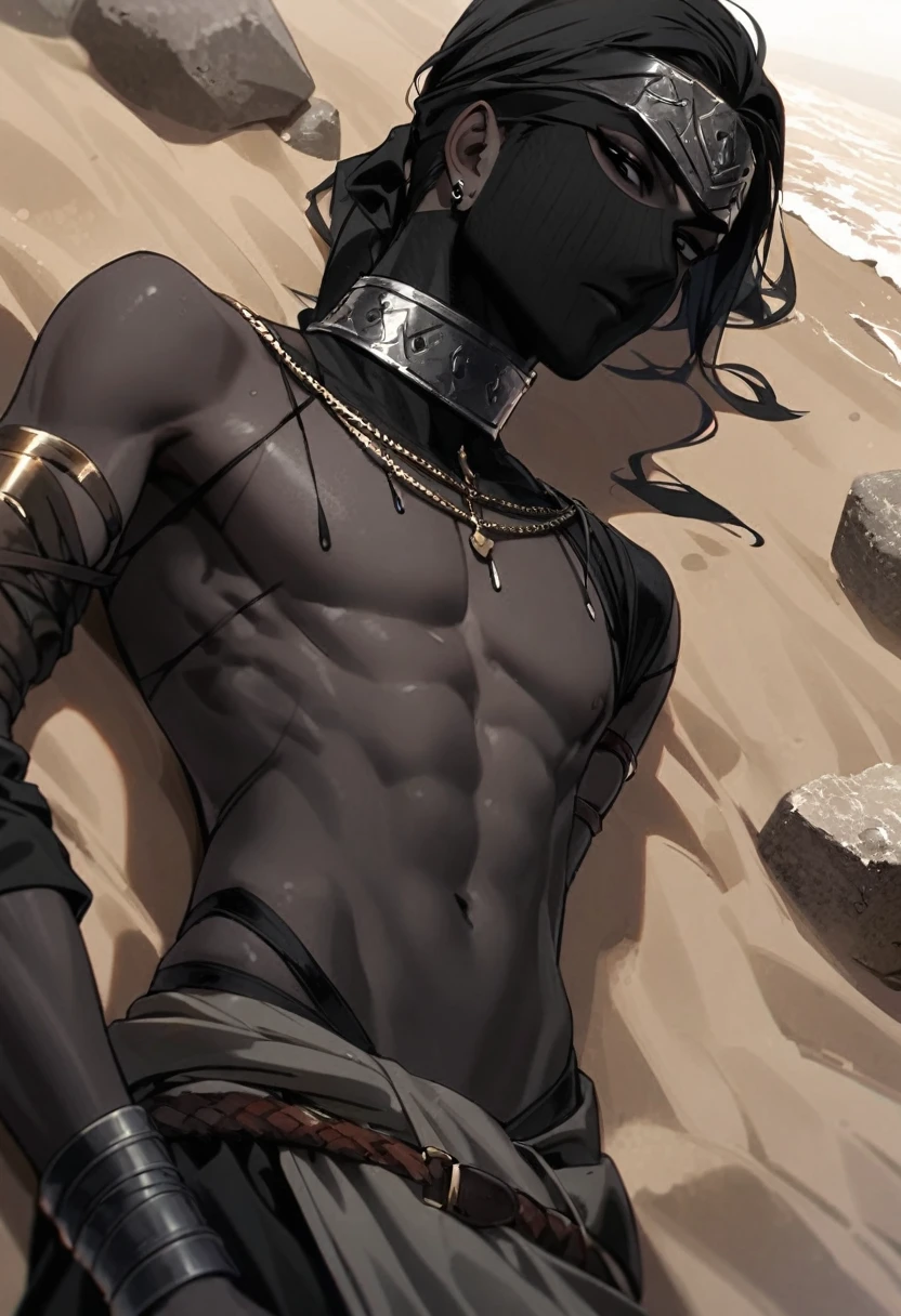 Male arab warrior, medivial, black balaclava, black bandage, black clothes, thin waist, skinny body, femboy, light skin, makeup, black eyeliner, big eyelashes, black eyeshadow, metal choker,  light tanned skin, laying on the sand