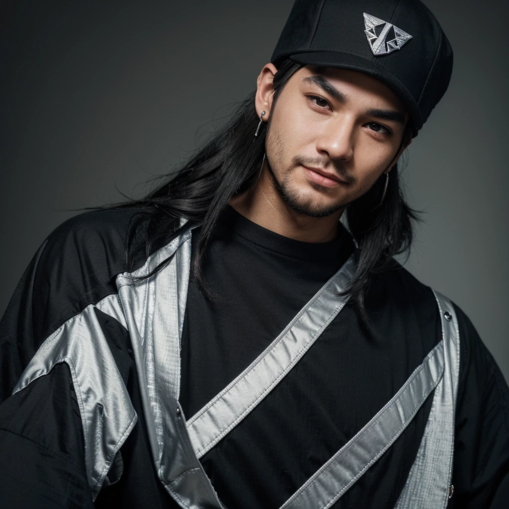 A twitch gesture of a happy anime man with long black hair, brown eyes, with a short beard and black outlined eyebrows. He wears a black cap with a capital twich logo in the center and an earring in his right ear in the shape of a small silver triangle, and below it in the center the name of the character who is DerryMax-One