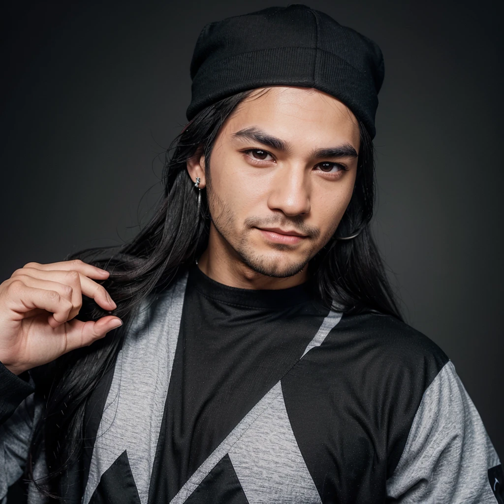 A twitch gesture of a happy anime man with long black hair, brown eyes, with a short beard and black outlined eyebrows. He wears a black cap with a capital twich logo in the center and an earring in his right ear in the shape of a small silver triangle, and below it in the center the name of the character who is DerryMax-One