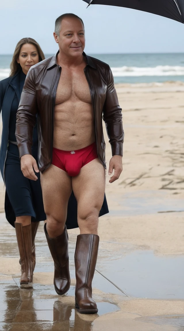 Uncle James Spader (Raymond Reddington Face), male people, He was about 64 years old, Height of Europeans, Rough and handsome looks, musculature, bodybuilder muscles, Oversized pectoral muscleare, Chest hair, ((naked not wearing any clothes)), Next to the sea, ((red underwear)), (((lora:boots03:1 ))),((( wearing boots are fitted to the shape legs))), ((brown-gloss boots)), smile, （musculous：1.5）, （Obese：1.5）, （Gray hair：1.5 ）, （Gray body hair：1.5）, （Skin Wrinkles：1.5）, （gloss on the skin：0.5）, natural light, ((FULL-body )), Best quality, Masterpiece, retina ,(((rainy day))), ((walking on the beach))